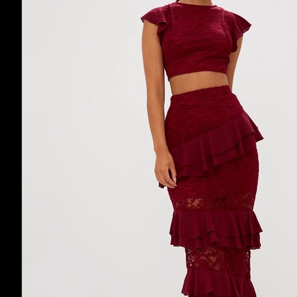 PLT Lace Burgundy Ruffle Skirt CoOrd - Picture 2 of 4